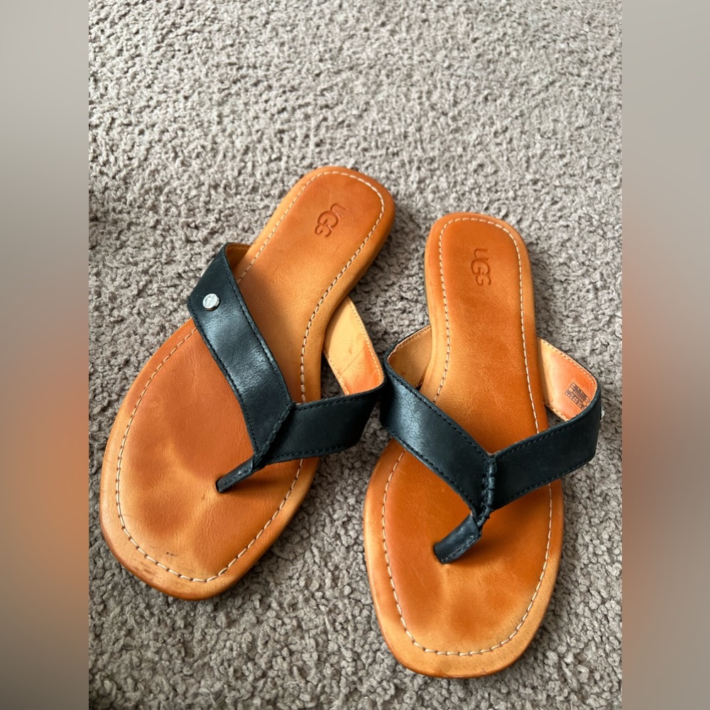 UGG Black and Tan Leather Sandals